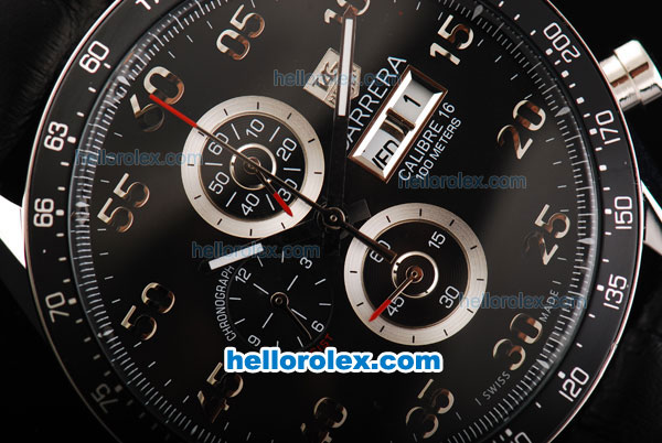 Tag Heuer Carrera Calibre 16 Chronograph Miyota Quartz Movement Swiss Coating Case with Black Bezel-Black Dial and Silver Numeral Markers - Click Image to Close